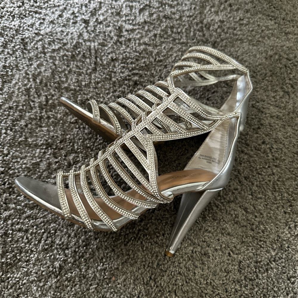BAMBOOZLD silver metallic rhinestone heels